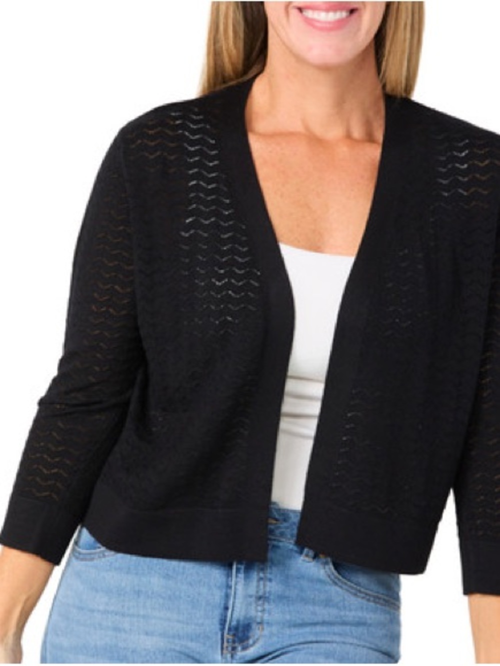 Nina Leonard Black Open-Front Lightweight Women's Sweater Cardigan